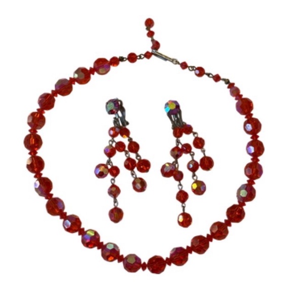 Vtg Orange faceted crystal beads aurora borealis Chicago necklace earrings set